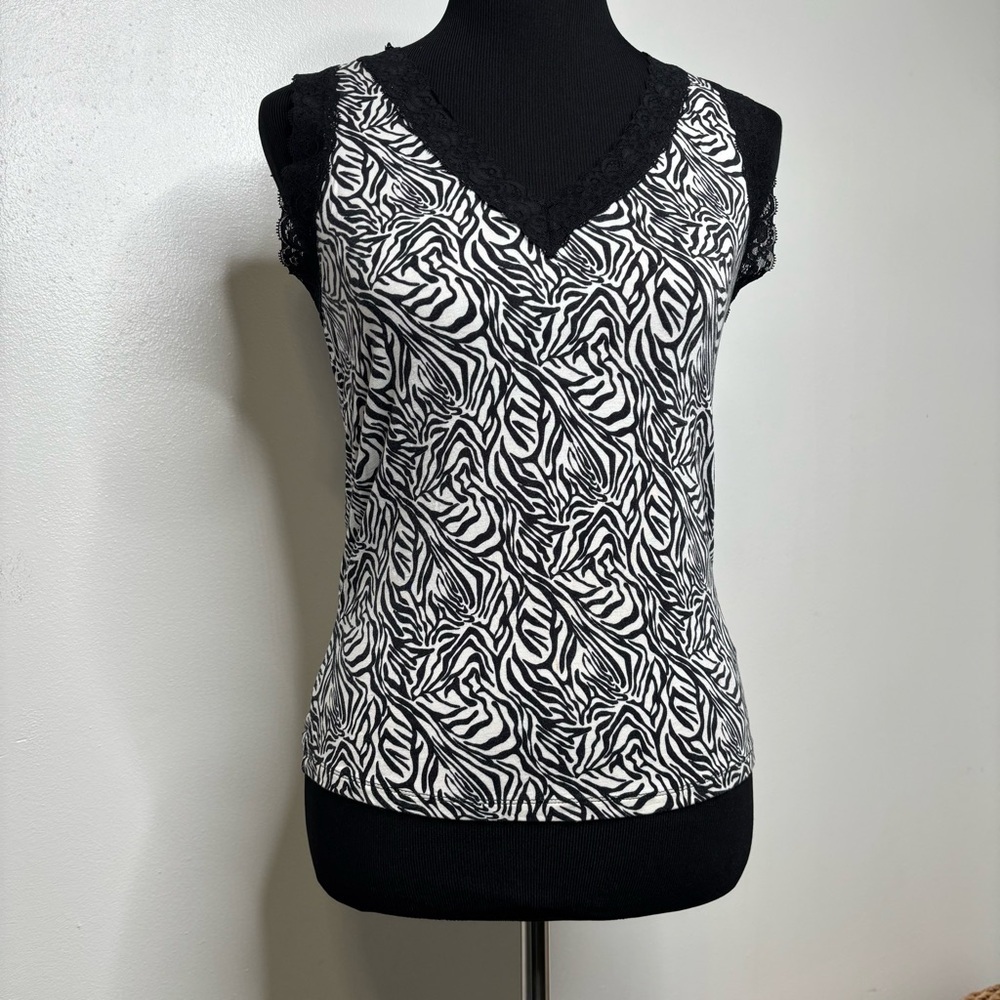 Worthington Stretch Zebra Print Lace Trim Tank Top Women’s M Black White Y2K - Picture 2 of 8